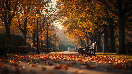 Autumn in the park. Park bench in the autumn park.の素材