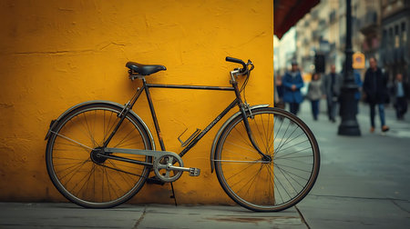 Vintage bicycle leaning against a yellow wall on a street in Budapest, Hungaryの素材
