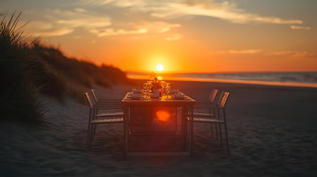 Dining table on the beach at sunset. 3d rendering.の素材