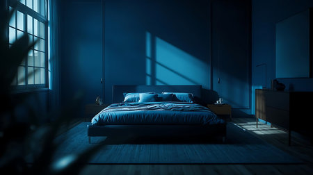 Luxury bedroom interior with dark blue walls and wooden floor. 3d rendering.の素材