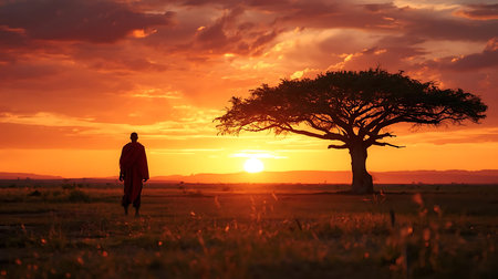 African man at sunset in the savannah of Kenya, Africa.の素材