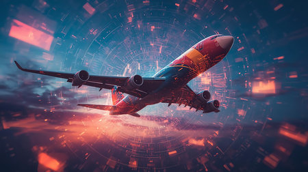 Airplane in the sky with digital background. 3D Renderingの素材