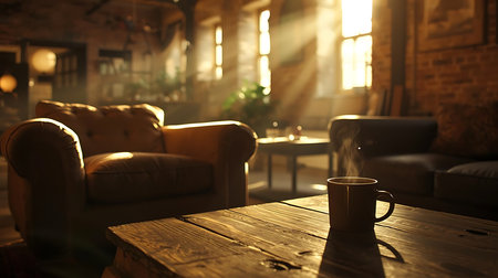Coffee cup on wooden table in coffee shop, vintage toneの素材