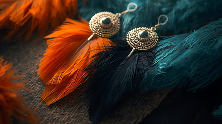 Beautiful earrings made of feathers on a background of colored feathersの素材