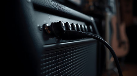 Close-up of a black electric guitar amplifier with black cables.の素材