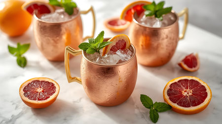 Cocktail with grapefruit, mint and ice on light backgroundの素材