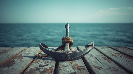 Anchor on a pier with sea and sky in the backgroundの素材