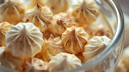 Delicious meringue cookies in glass bowl, closeup viewの素材