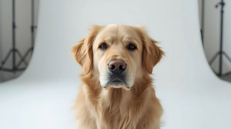 Portrait of golden retriever dog looking at camera on white backgroundの素材