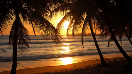Tropical sunset on the beach with coconut palm trees silhouettesの素材