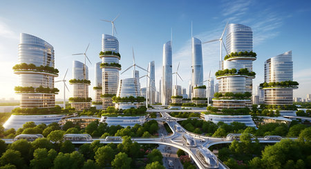 Modern city with skyscrapers and wind turbines. 3d renderingの素材
