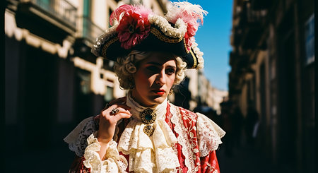 Portrait of a beautiful girl in a carnival costume on the streetの素材