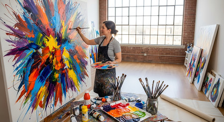 Portrait of a young female artist painting on canvas in her studioの素材
