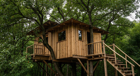 Wooden observation tower in the forest. Close-up view.の素材