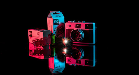 Retro camera with film strip on black background. 3d renderingの素材