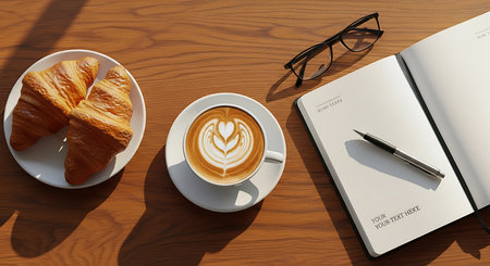 Coffee and croissants on a wooden table with notebook and glassesの素材