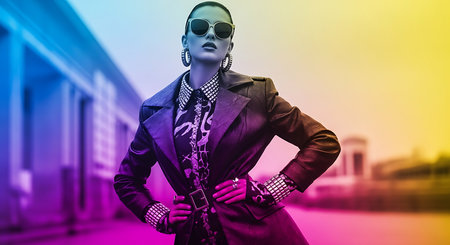 Fashion shot of a beautiful woman in a coat and sunglasses.の素材