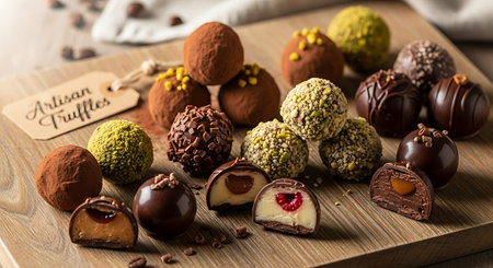 Assortment of delicious chocolate candies on wooden board, closeupの素材