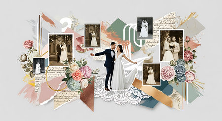 Wedding photo collage. Bride and groom on vintage backgroundの素材