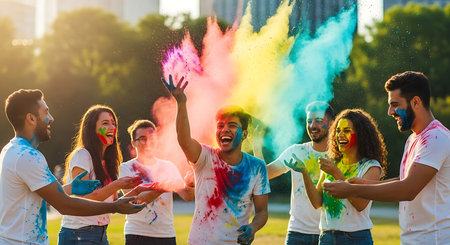 Multiethnic group of friends playing holi color festival in the cityの素材