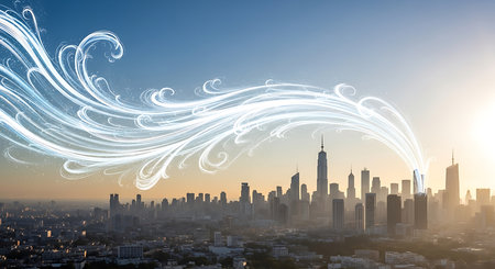 Cityscape and blue sky with white fluffy lines. 3d renderingの素材