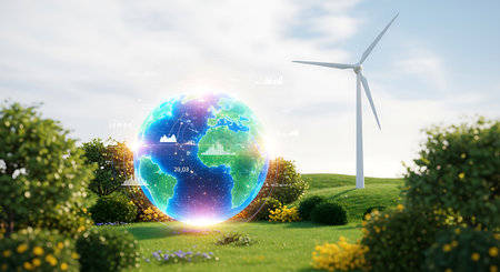 Earth planet and wind turbine on green field. 3d rendering.の素材