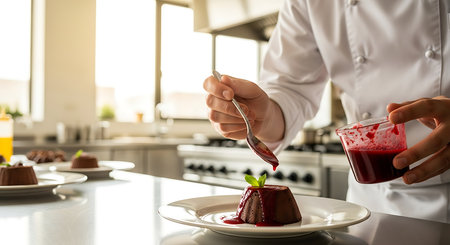 Chef decorating dessert with chocolate in modern kitchen, closeupの素材