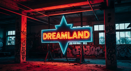 3D rendering of a neon signboard with the word Dreamland in an abandoned building.の素材