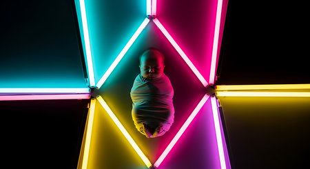 Man in neon light. 3d rendering. Neon light background.の素材