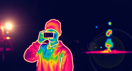 Young man with a mobile phone in his hands. Neon light.の素材