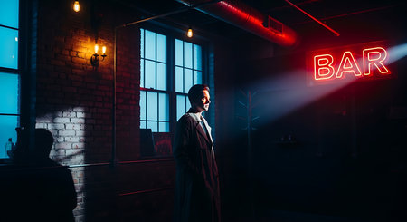 Young man in a black cloak in a dark room with neon lights.の素材