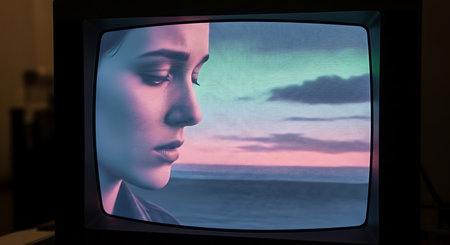 Beautiful young woman looking at the sea through a television screen.の素材