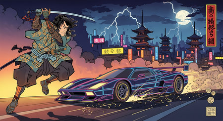 Chinese steampunk driving a car on the road. Vector illustration.の素材