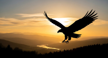 Silhouette of eagle flying over the mountain landscape at sunset.の素材