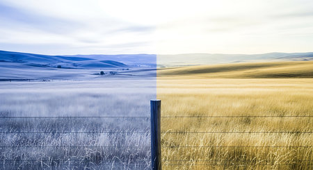 Landscape with a fence in the middle of a foggy fieldの素材
