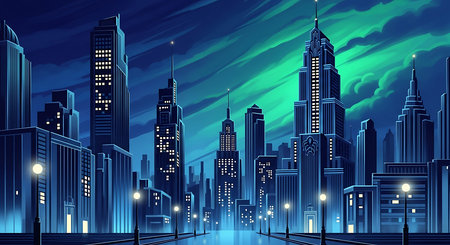 Night city landscape with skyscrapers and street lights, vector illustrationの素材