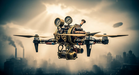 Drone flying over city. 3d illustration. toned imageの素材