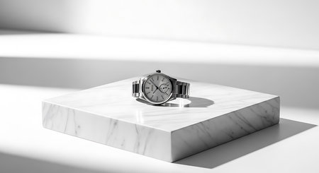 Wristwatch on a white marble pedestal. 3d renderingの素材