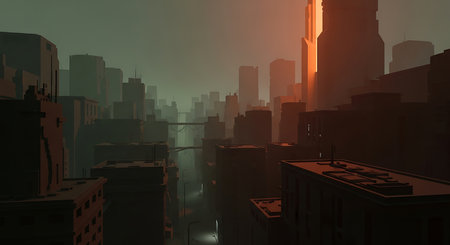 3d render of cityscape with skyscrapers at sunset.の素材