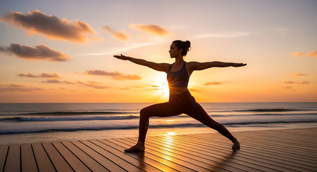 Silhouette of young woman practicing yoga on the beach at sunriseの素材