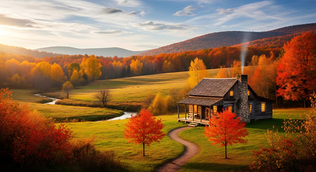Autumn landscape with rural house in the mountains. Beautiful nature scenery.の素材