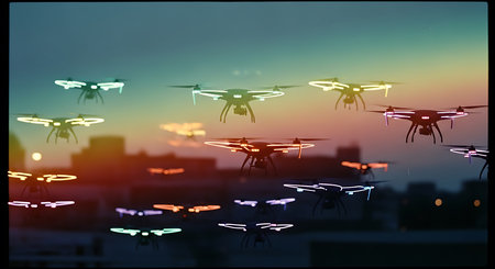 Drone flying over the city at sunset. 3D Renderingの素材