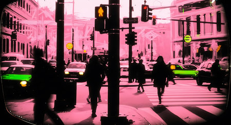 Silhouettes of people crossing a street at night in the cityの素材