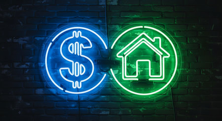 Real estate neon sign on brick wall background. 3D Renderingの素材