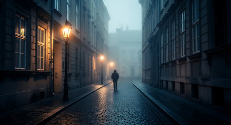 Silhouette of a man walking on the street in the fogの素材