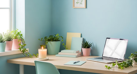 3D Rendering : illustration of work space with computer laptop on wooden table in modern living room with blue wall.の素材