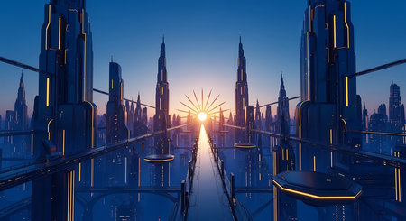 Futuristic city at sunset, 3d rendering. Computer digital drawing.の素材