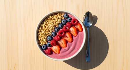 Yogurt with fresh berries and granola in a bowl on wooden backgroundの素材
