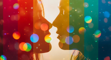 Double exposure of young couple kissing over colorful bokeh background.の素材