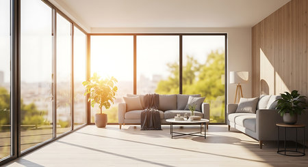 Interior of modern living room with panoramic window and city view. 3D Renderingの素材